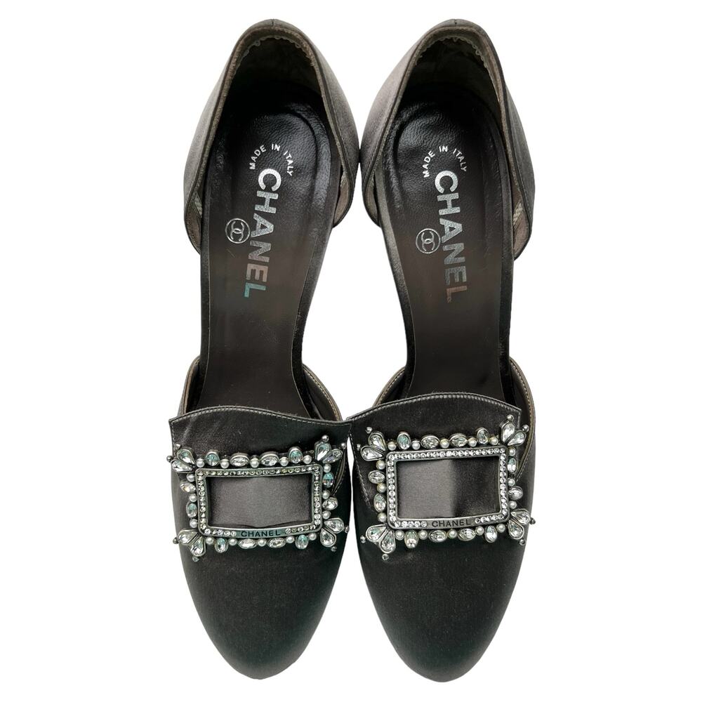 CHANEL Crystal Embellished D'Orsay Pumps EU 39.5 US 9.5 Dark Gray Satin Heels - Picture 8 of 15